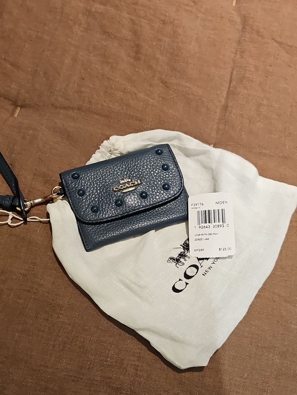 Coach Navy Pebbled Leather Studded Wristlet Card Case